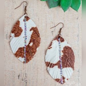 Country- Chic Cowhide Brown and White Faux Leather Feather Earrings